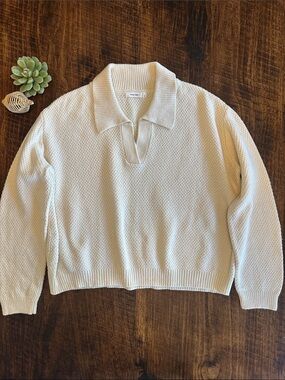 Mod Ref |  Classic Casual Ivory Johnny Collar Waffle Knit Sweater, Size L